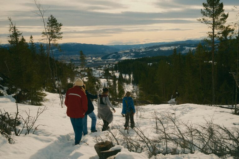 Group of adults hiking down a snowy trail through a forest with a scenic mountain view.